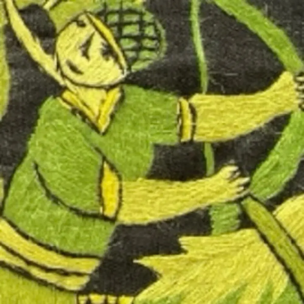 Vintage Black linen Pillow‎ Green Embroidered Warriors, Green Trim. Folk Art